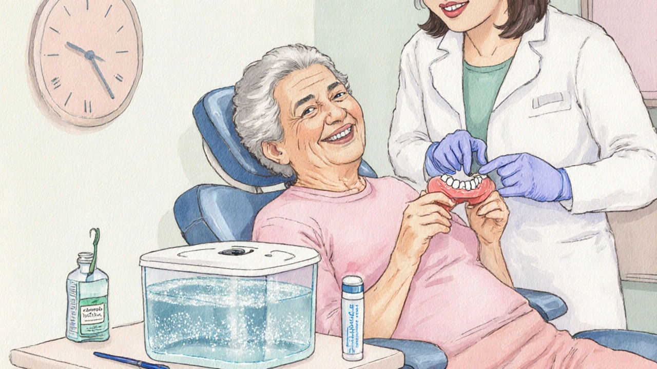 Akvarel: starší pacient, zubař a ultrazvuková nádrž s dentálními pomůckami.