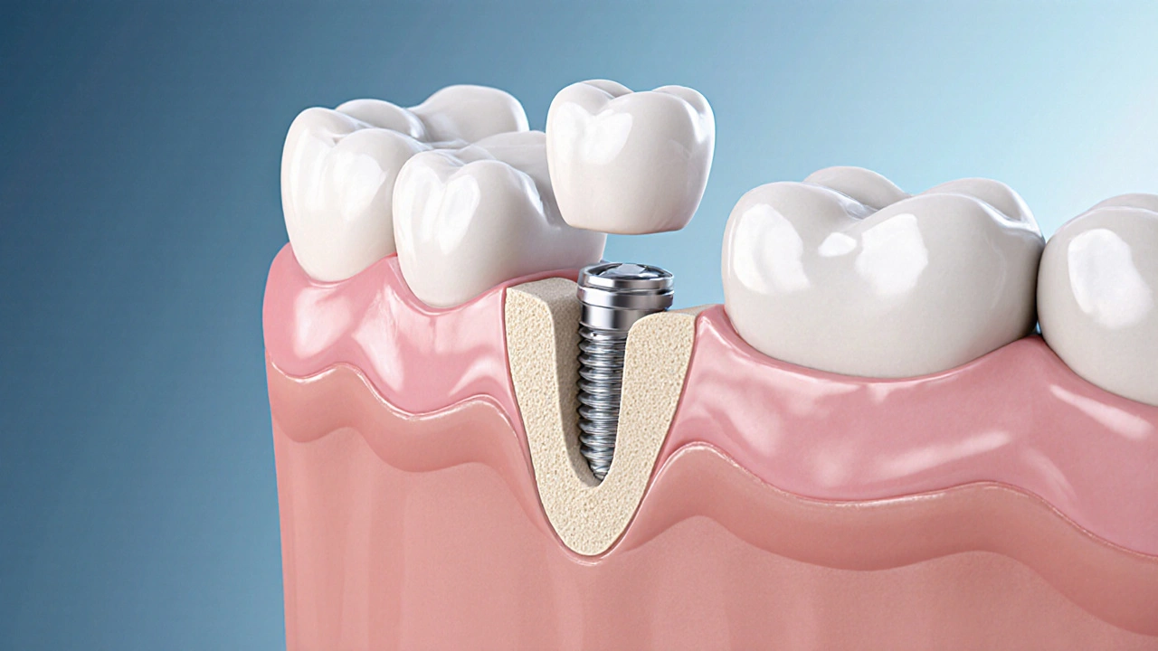Průřez čelistí ukazující titanový implantát a kostní výplň.