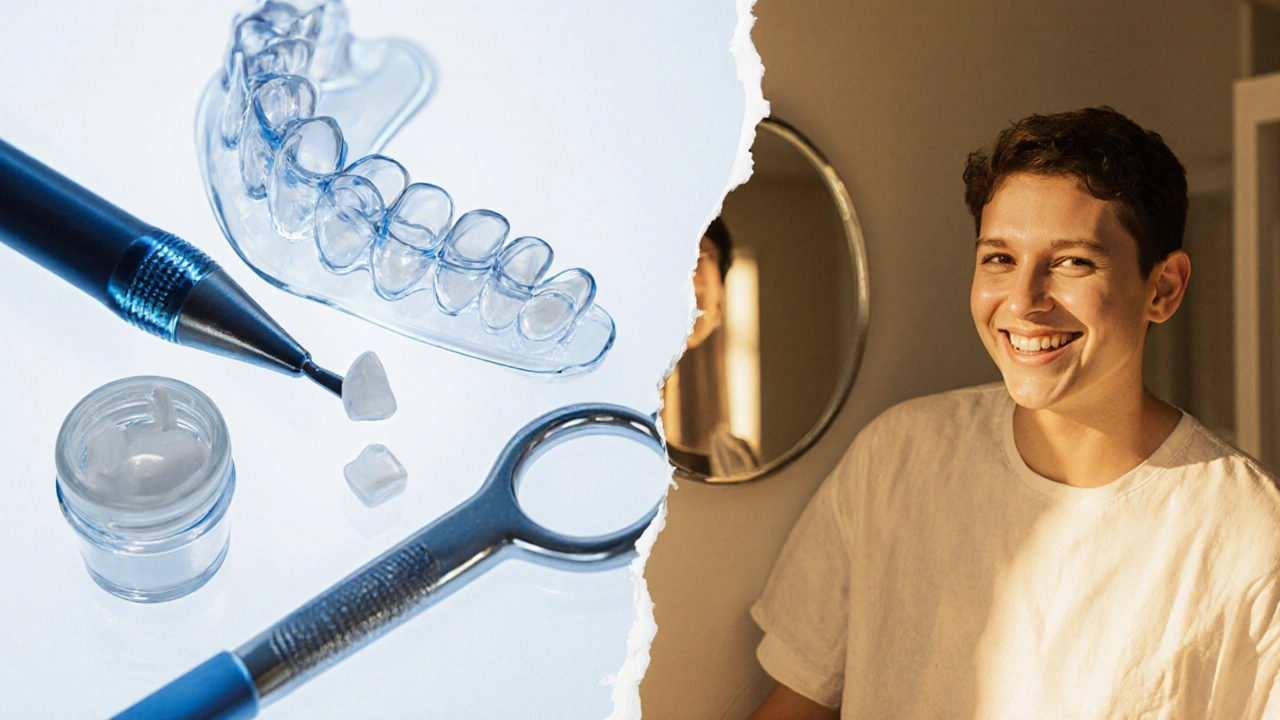 Rozdělený obrázek: vlevo dentální nástroje, vpravo osoba sebejistě se usmívá do zrcadla.