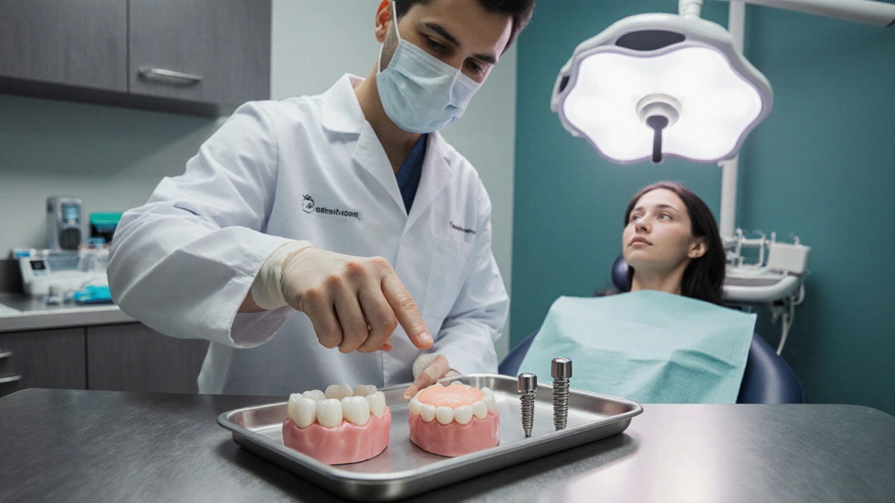 Zubní lékař ukazuje na stolní zásobník s korunkou, fazetou, bondingem a implantátem.