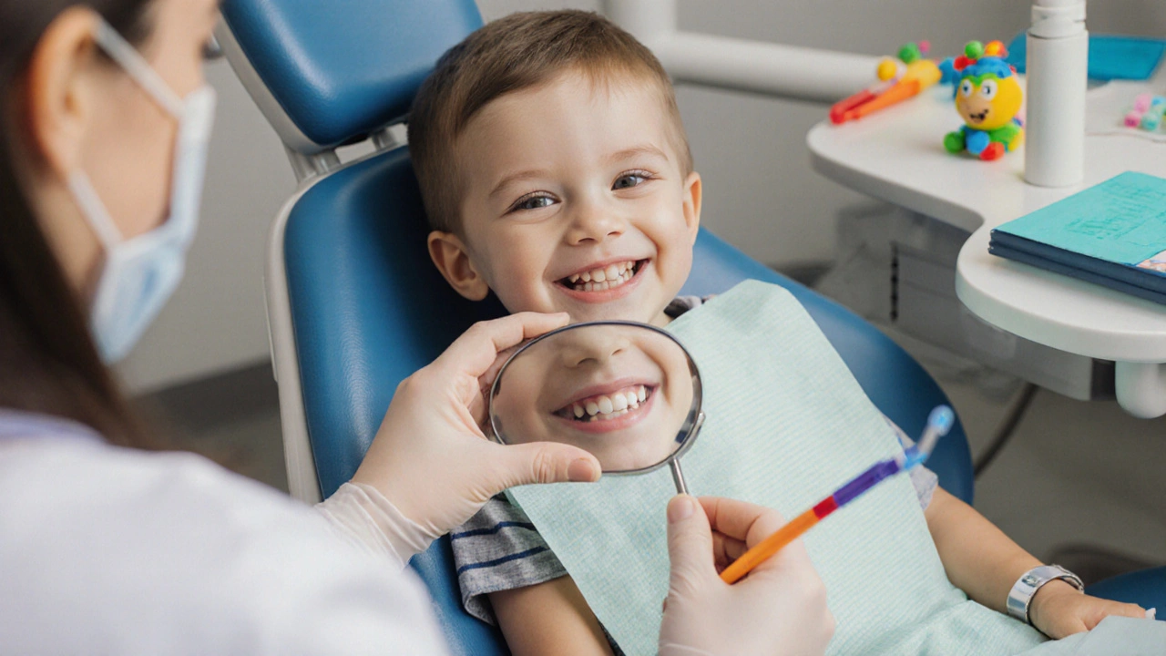 Child smiling at mirror after receiving a painless dental filling.