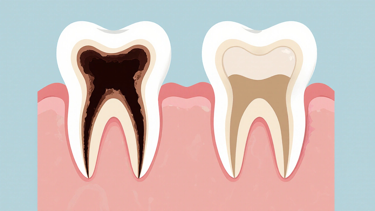 Cross-section comparison of a decayed tooth and one restored with a composite filling.