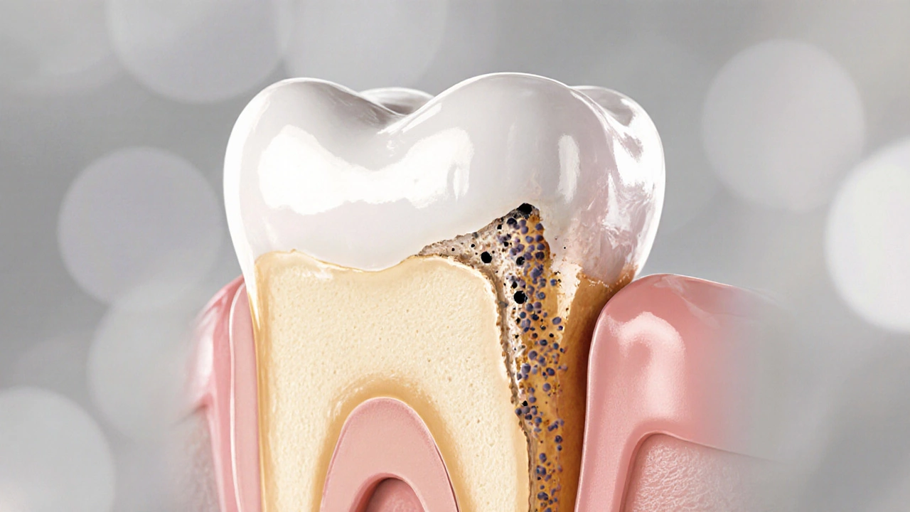 Cross-section of a ceramic crown with bacteria causing decay at the margin.