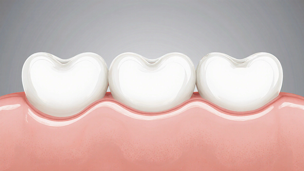Cross-section of a ceramic dental bridge anchored to natural teeth.