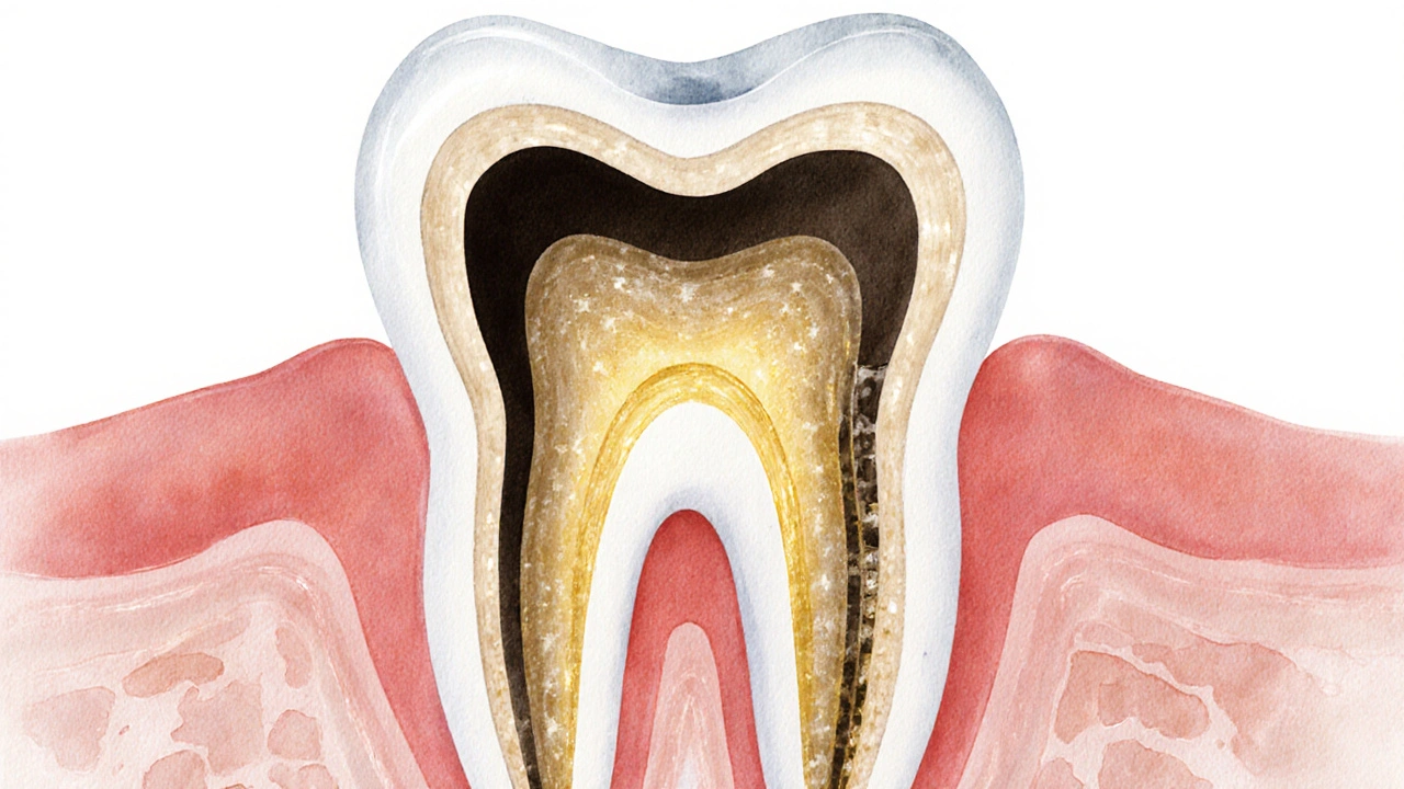 Cross-section of a tooth with root canal and ceramic crown, showing internal structure and protective layers.