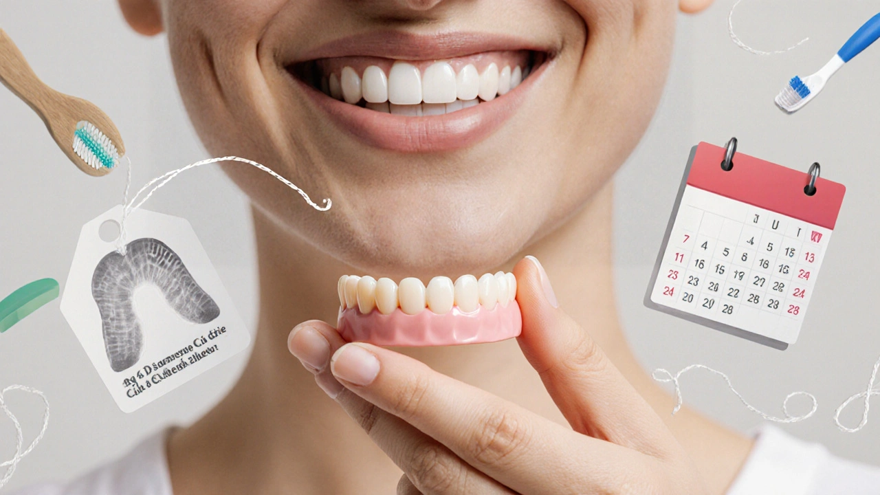 Hand holding a dental bridge with care essentials and price indicator.