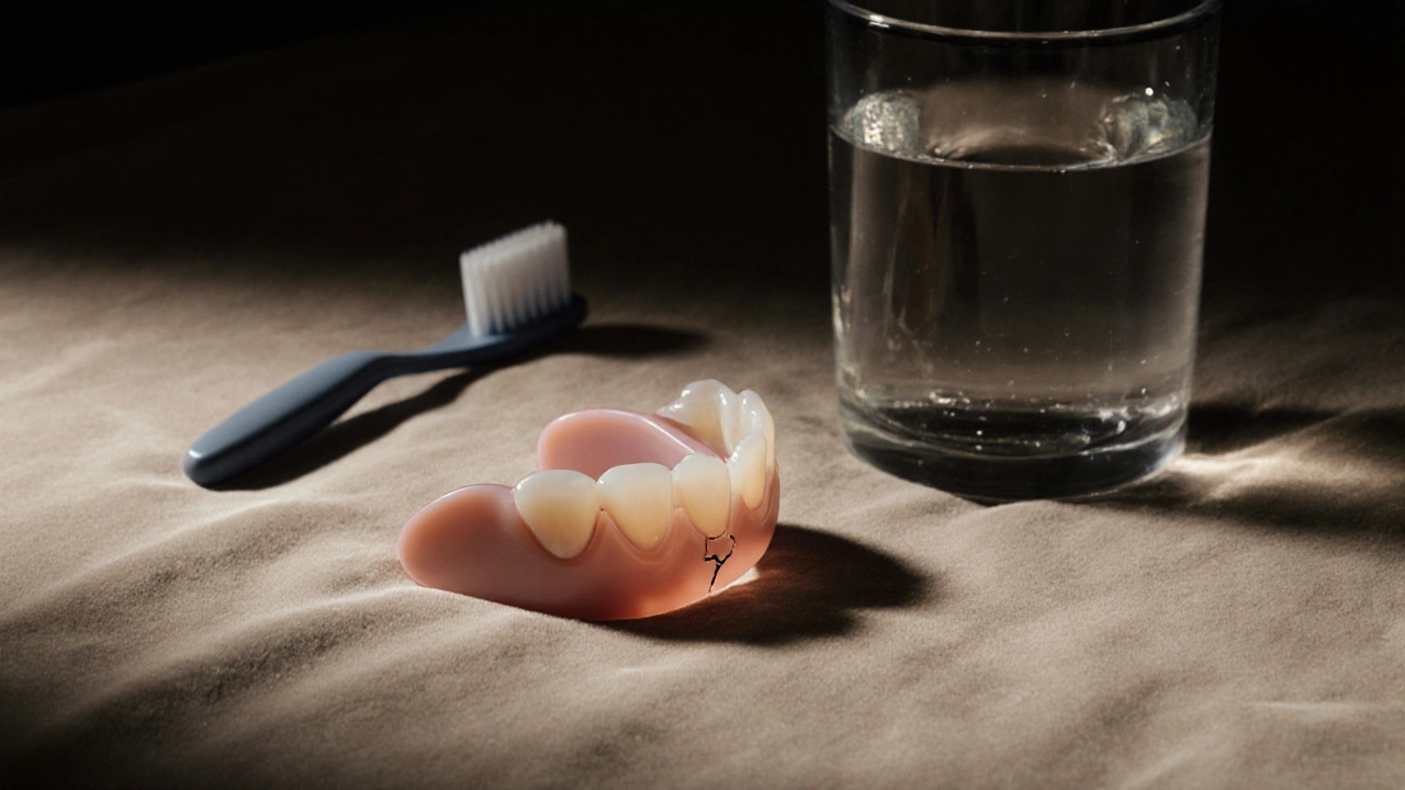 Night guard and ceramic crown on velvet with toothbrush and water nearby.