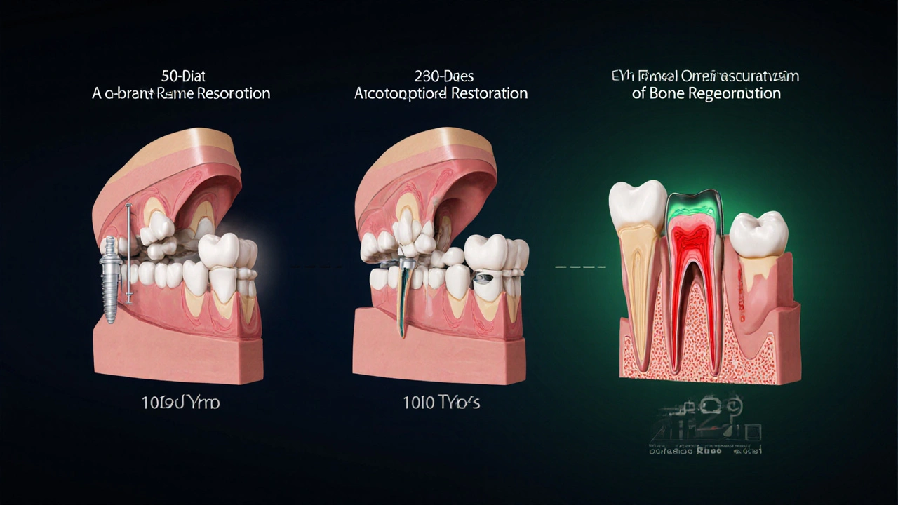 Průřez čelistí: zdravá kost, ztráta kosti a obnova pomocí implantátu.