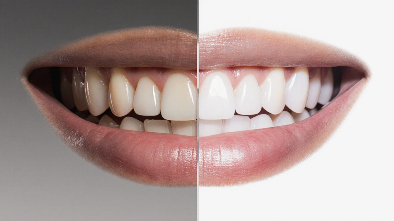 Split smile: dull, uneven teeth on left, perfect veneered teeth on right, reflected in a dental mirror.
