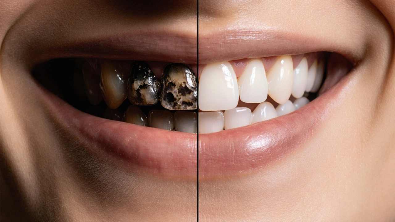 Split smile image: left side shows decayed tooth, right side shows restored tooth with crown.