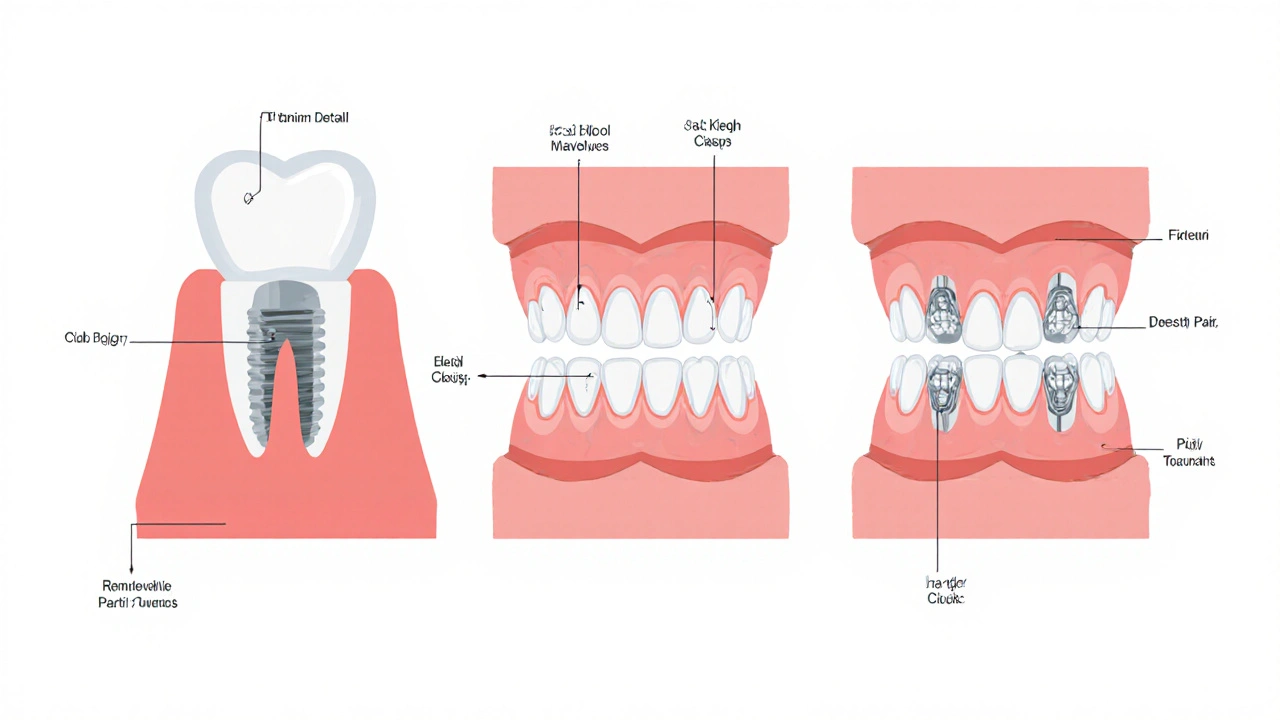 Tři typy náhrad zubů: implantát, most a částečná protéza, znázorněny vedle sebe.