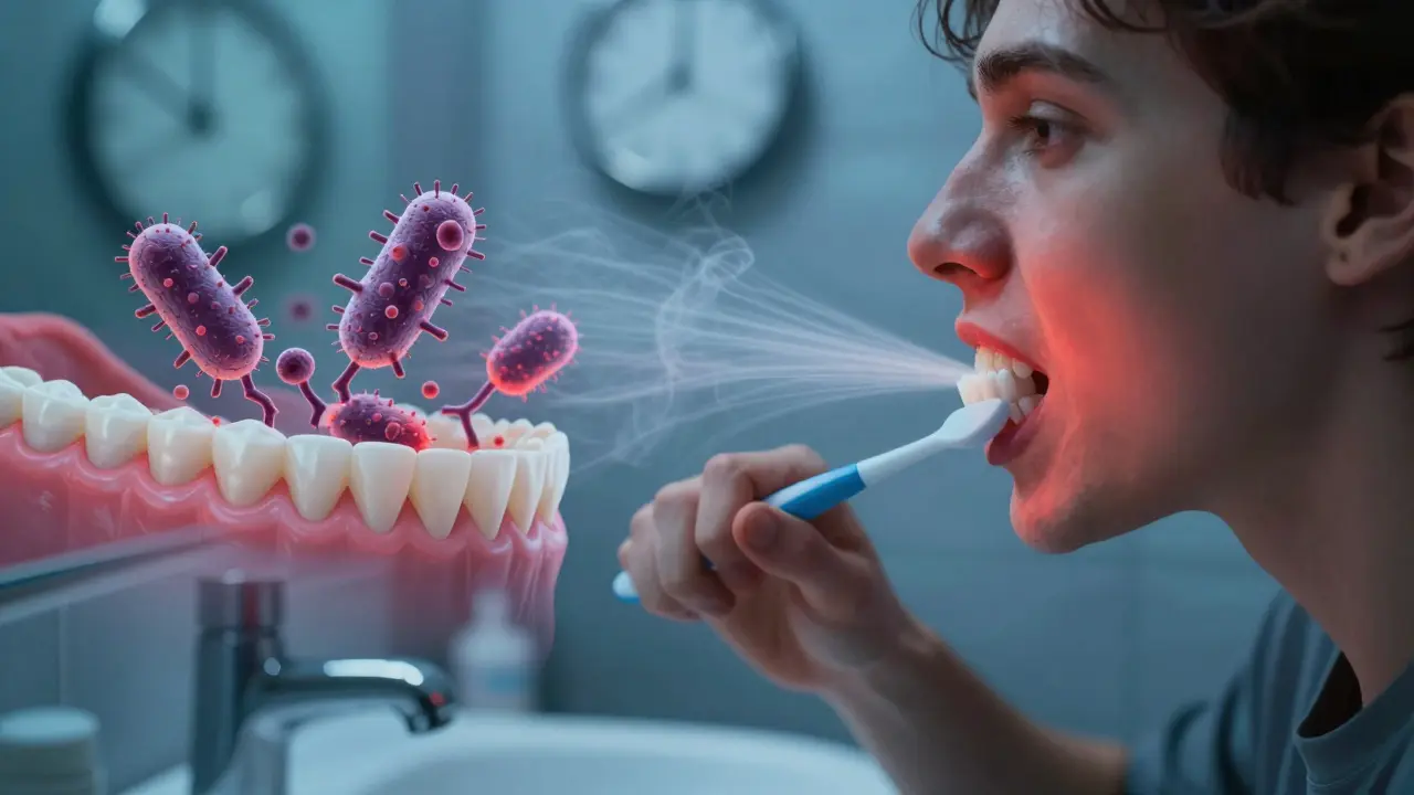 Člověk čistí zuby, ale v pozadí se tvoří plak a sucho v ústech.