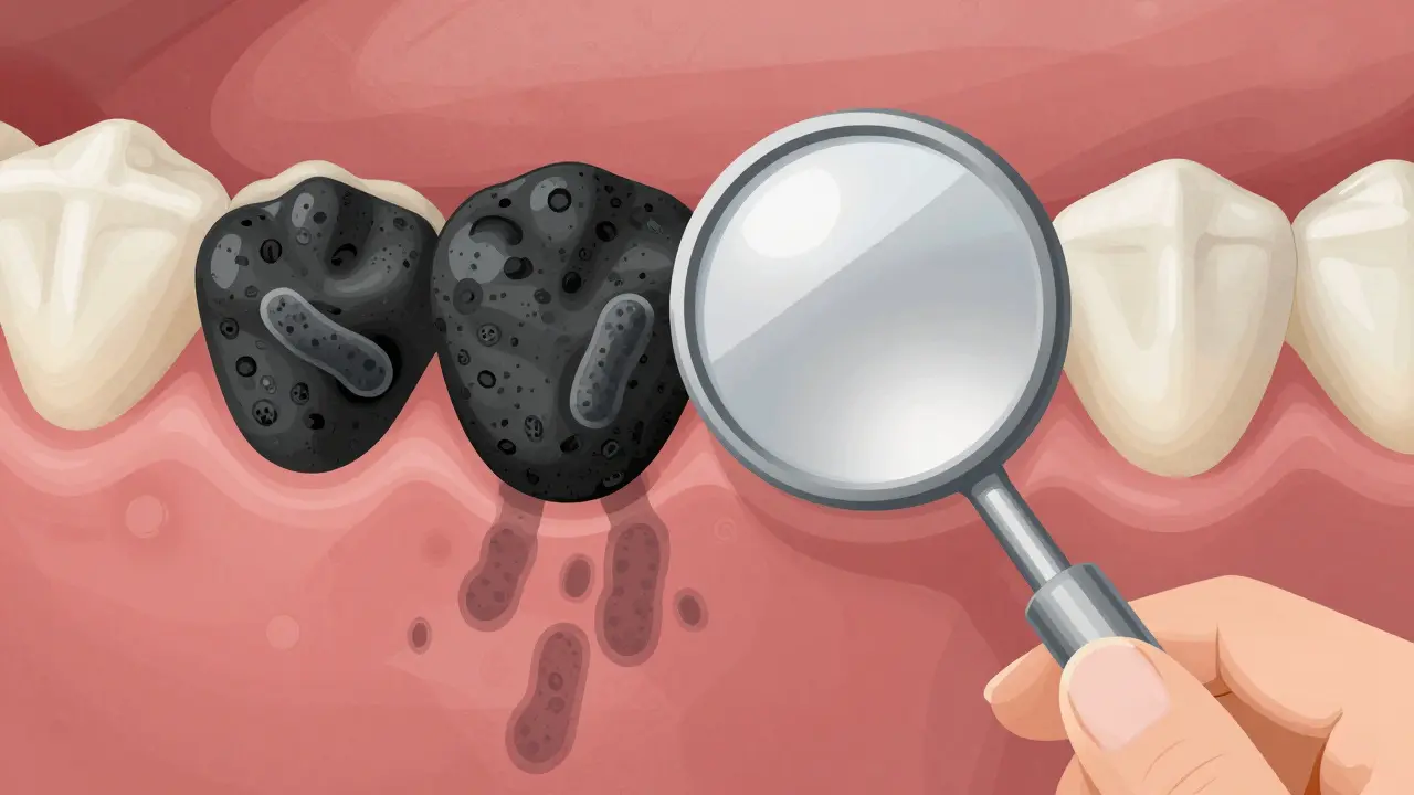 Dentalní zrcátko odhaluje zvětšený pohled na černý kámen a bakterie pod ním.