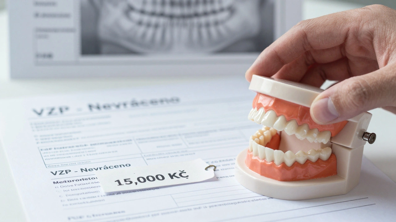 Hand placing ceramic veneer on dental model next to rejected paperwork and price tag.