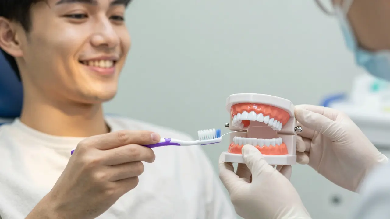 Osoba s kartáčkem a nití v zubní klinice, hygienistka ukazuje na zdravé dásně