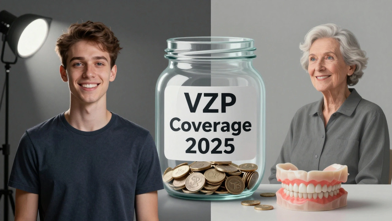 Split image: person with ceramic veneers vs. person with standard denture beside jar labeled 'VZP Coverage'.