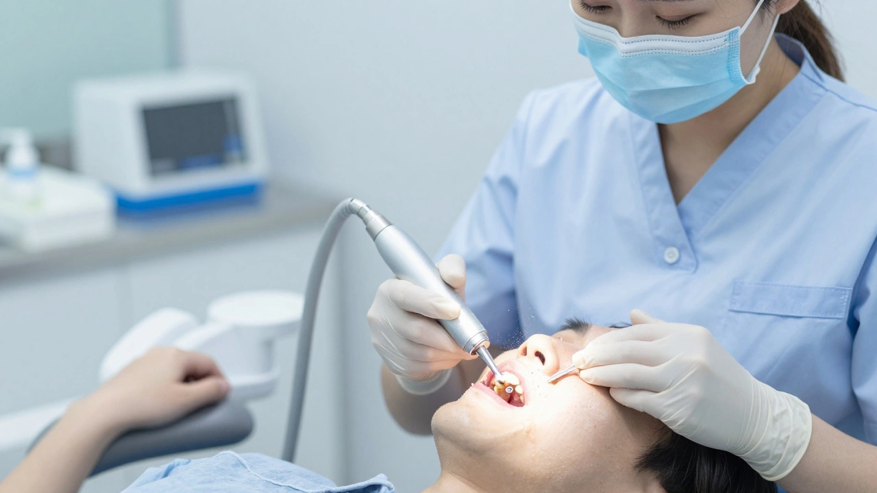 Zubní hygienistka odstraňuje kámen ultrazvukovým skrabkem v klinice.