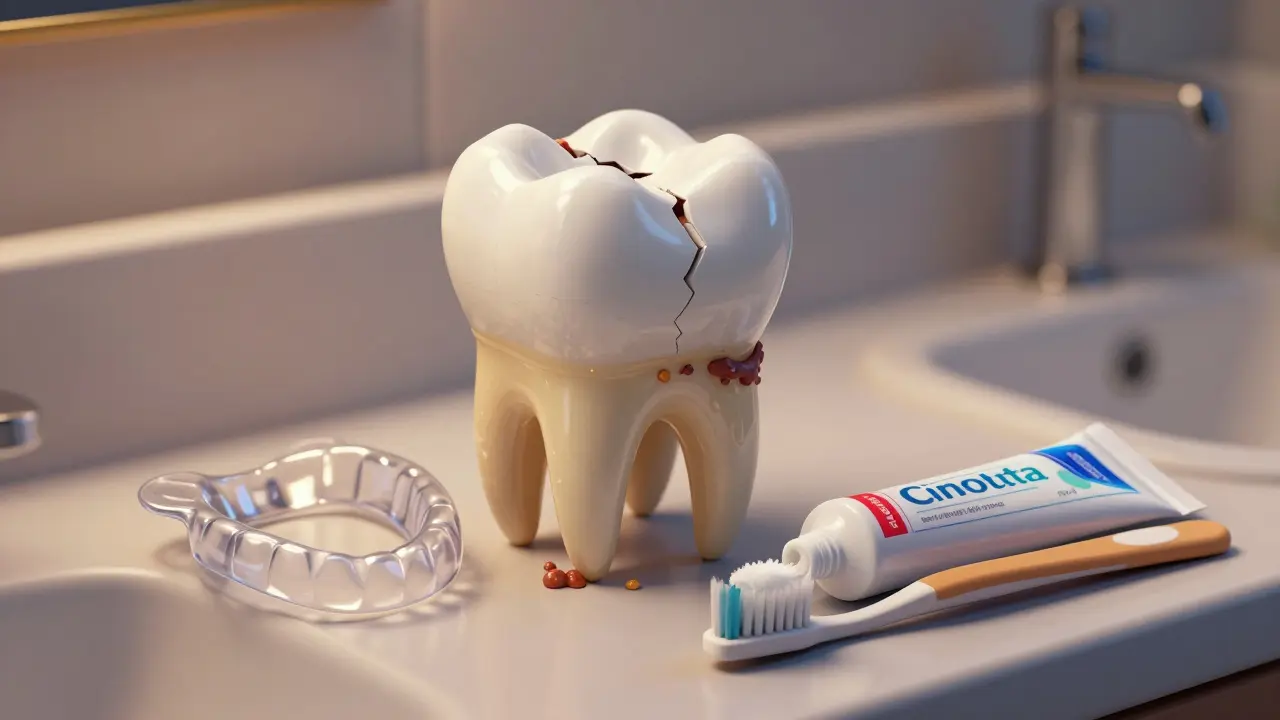 Cracked ceramic crown with plaque buildup beside a night guard and toothpaste.