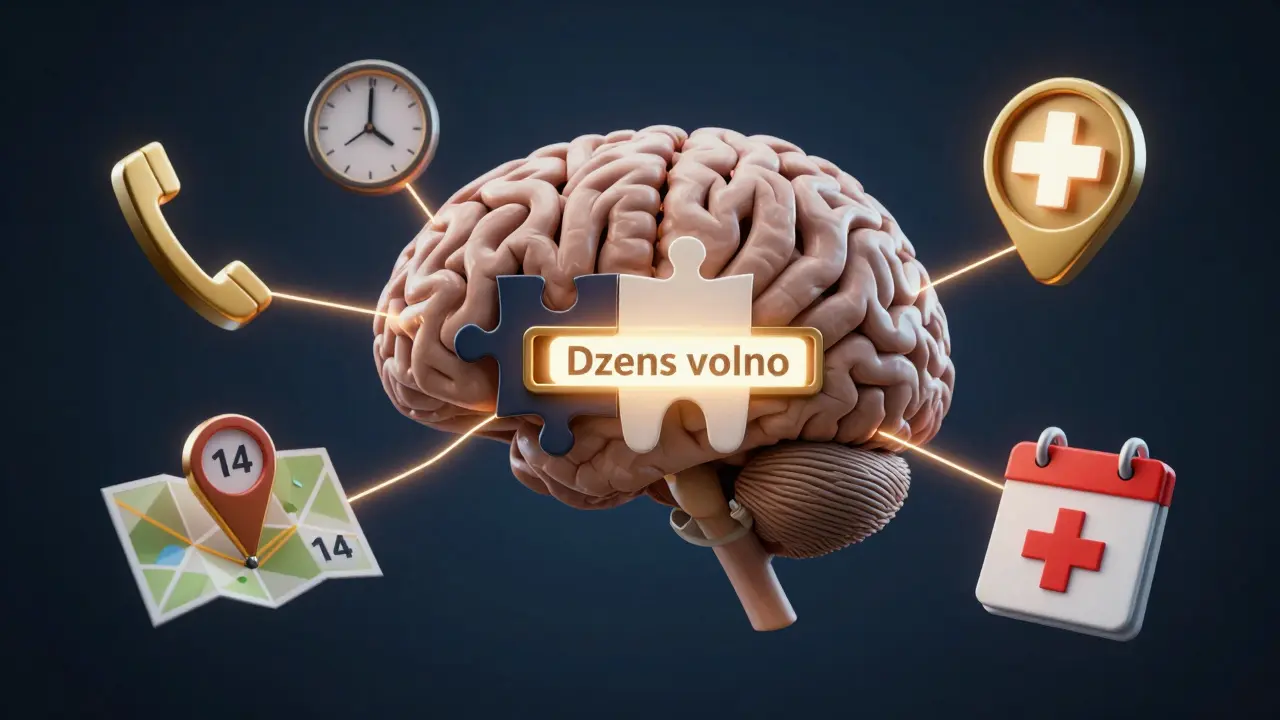 Koncepční obrázek mozku s chybějícím zubem a ikonami hledání zubní pomoci v Praze.