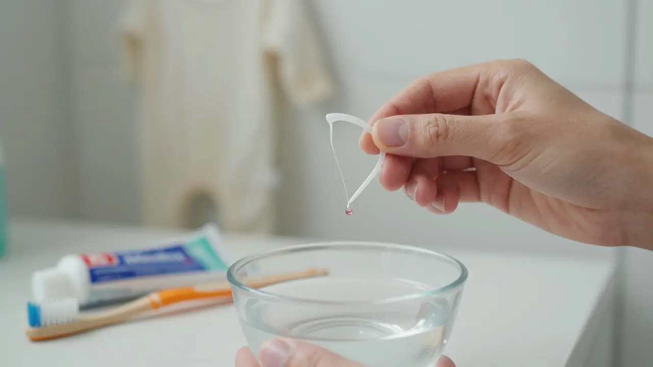 Ruka s nitěmi mezi zuby, vedle teplá solná voda a zubní pasta s fluoridem, na pozadí dětský obleček.