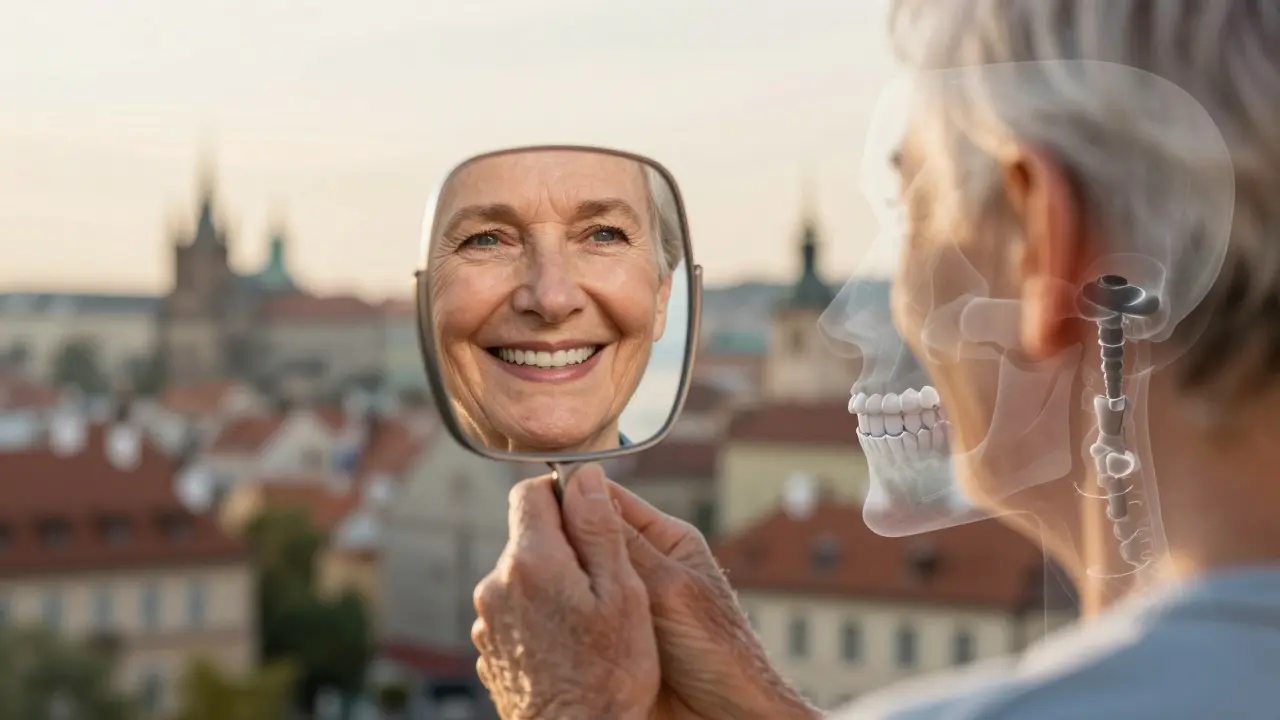 Starý muž se dívá do zrcadla s dobře sedící protézou a překrytou kostí.