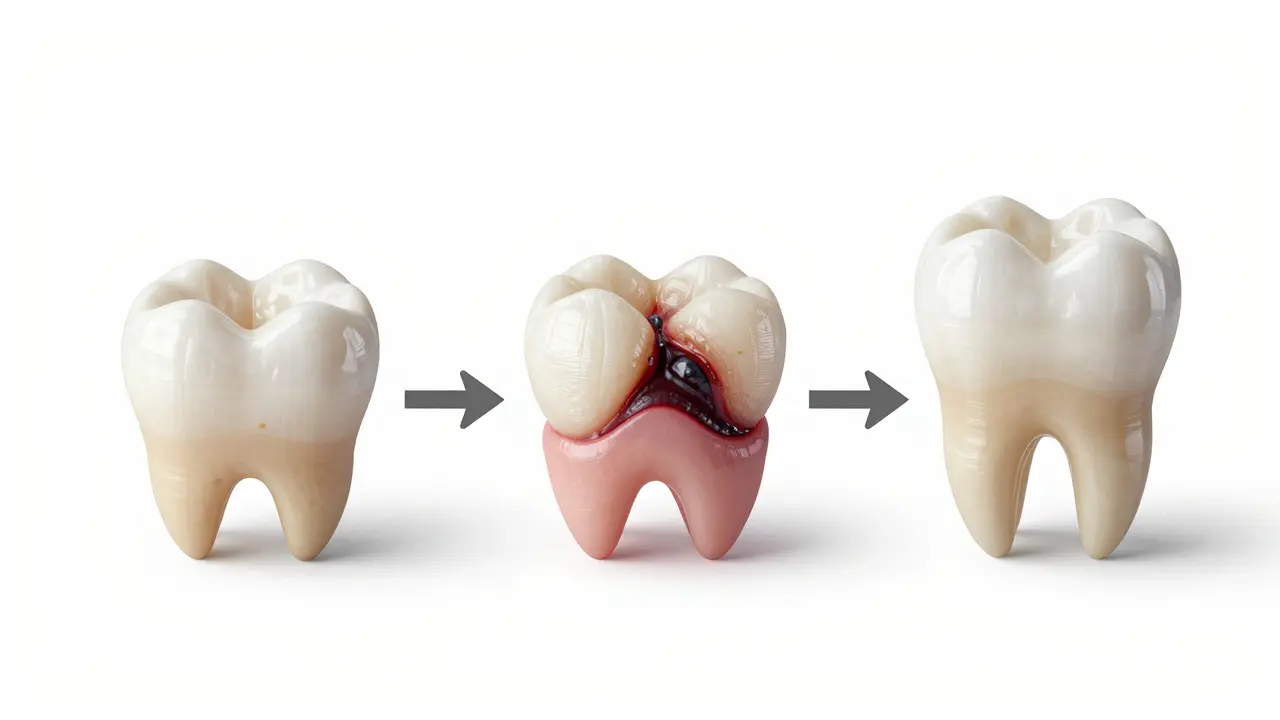 Visual timeline showing dental crown degradation and eventual implant replacement.