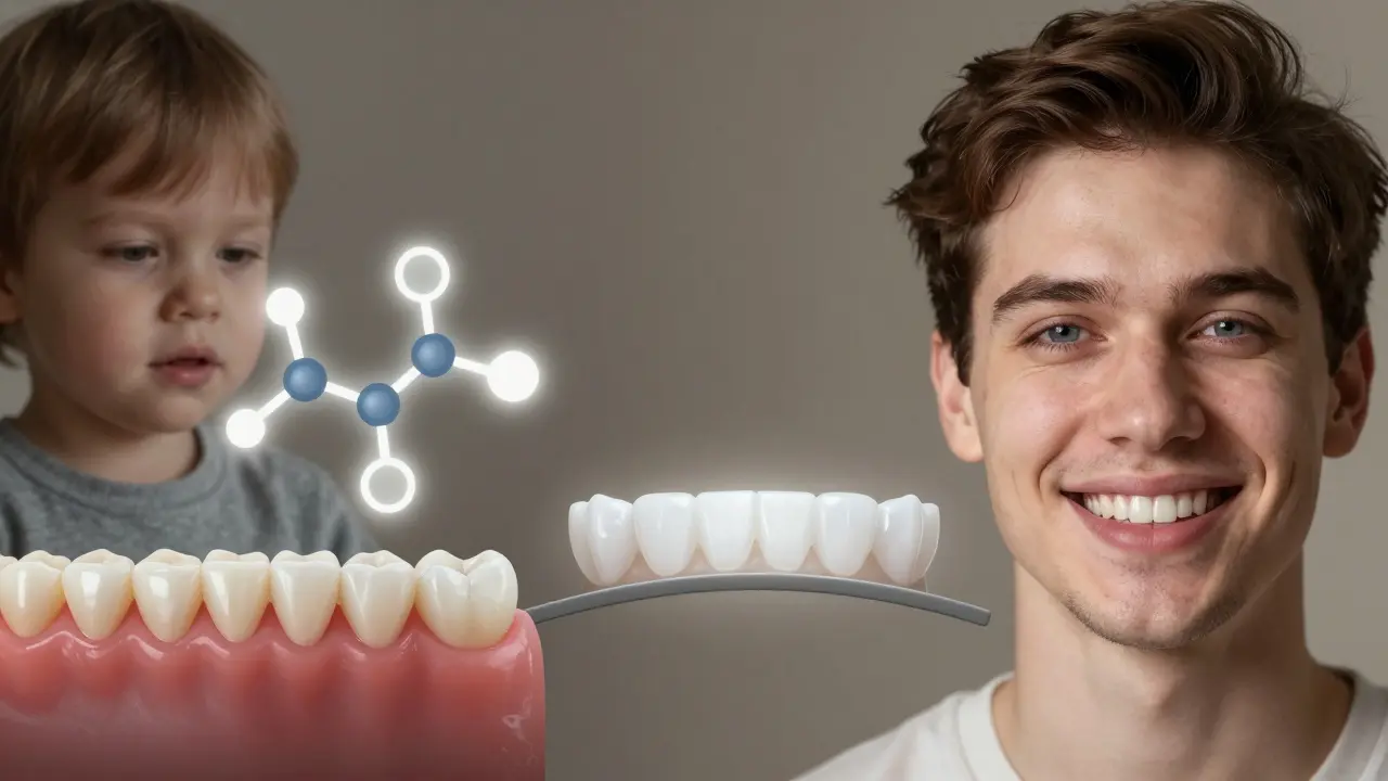 Vývoj tetracyklinových zubů: dítě s antibiotikem a dospělý s dokonalými korunkami spojené světelnou cestou.