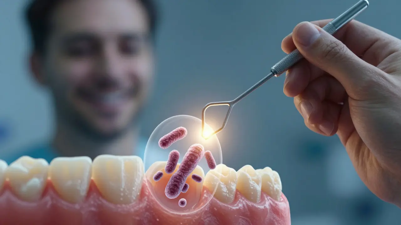 Dental probe measuring deep periodontal pocket with microscopic bacteria overlay beneath the gum.