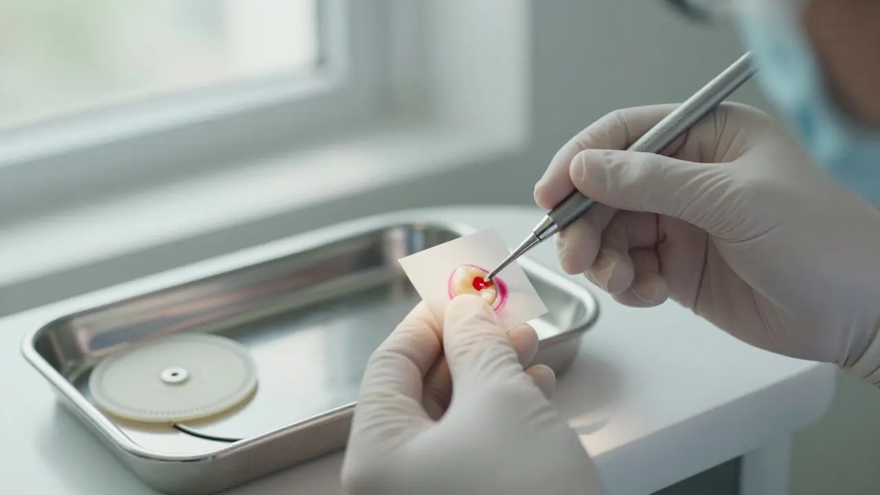 Dentist checking bite contact using colored paper on a tooth.