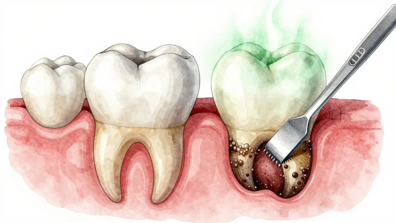 Illustration comparing healthy gum attachment with infected periodontal pocket and bacterial buildup.