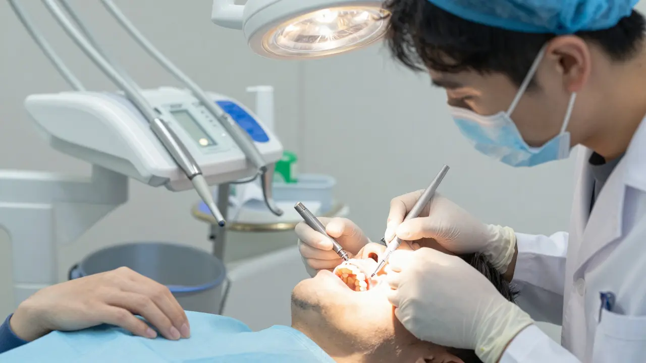 Stomatolog umisťuje zubní implantát do čelisti pacienta.