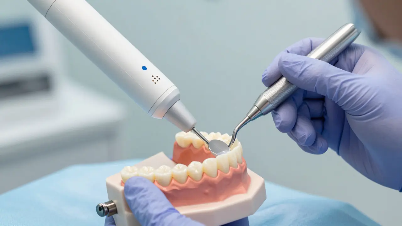 Zubní hygienička čistí keramické fazety měkkými nástroji ve klinice, bez agresivního škrábání.