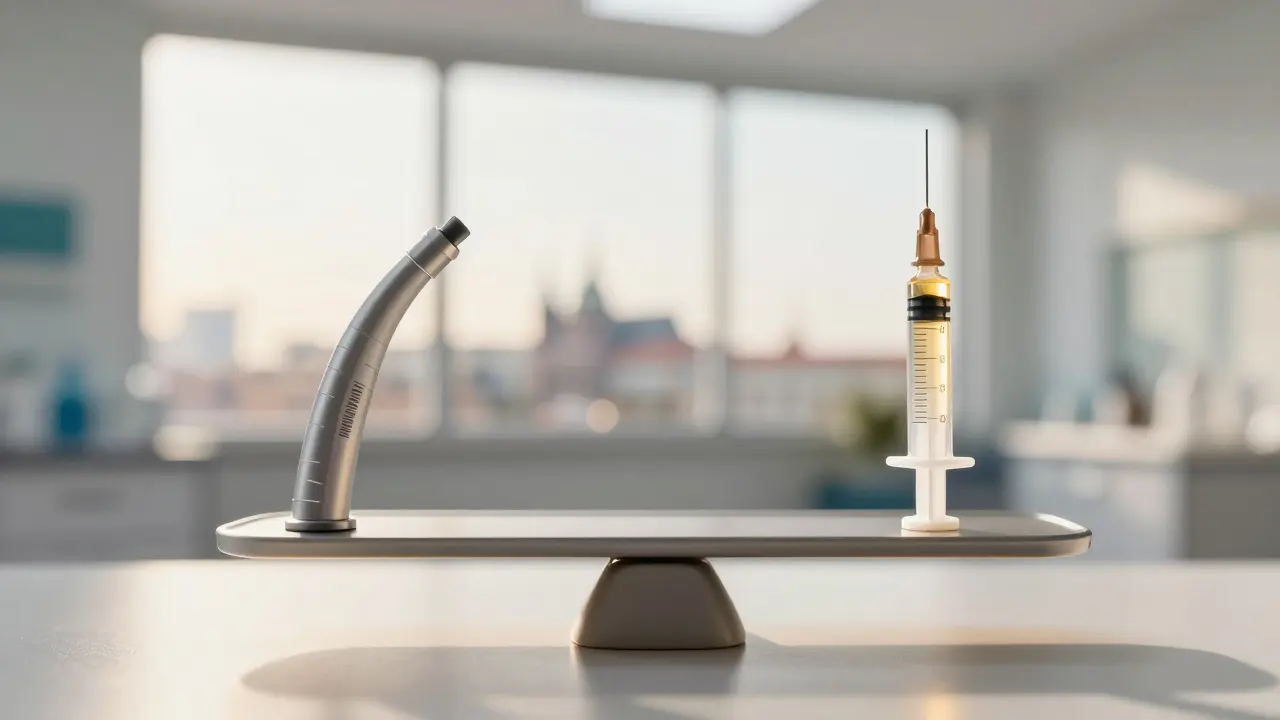 Váha s dentistickým vrtákem a injekční stříkačkou, symbolizující nezbytnost anestézie.
