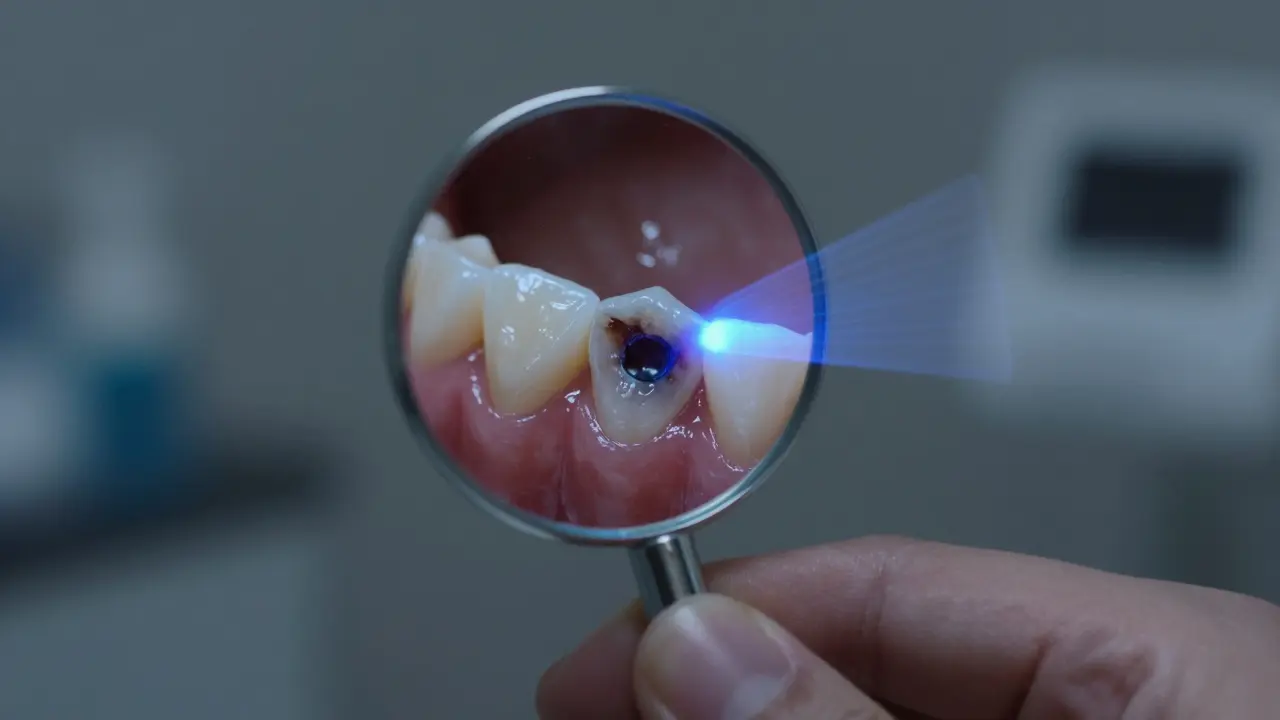 Zrcátko odhaluje skrytý kaz pod povrchem zubu pomocí laserového zobrazení.