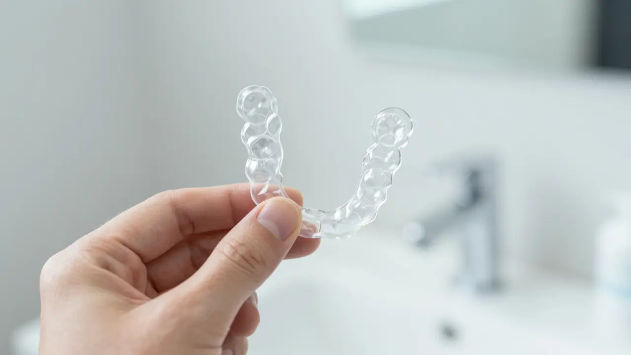 Detail průhledné ortodontické fólie v moderním, světlém prostředí.