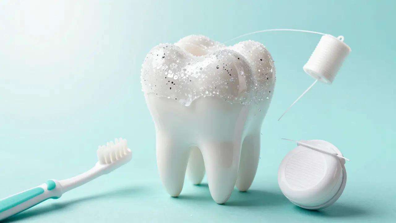 Konceptuální obraz zubu chráněného vrstvou fluoridů s pomůzkami pro hygienu.