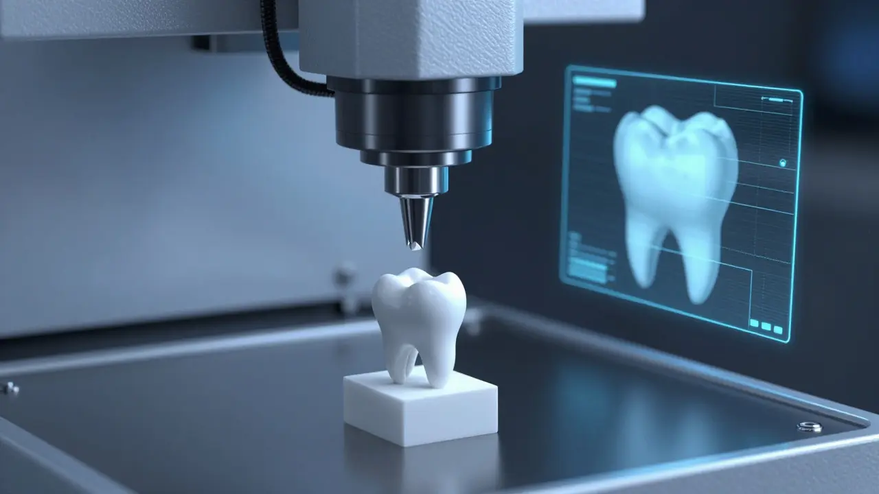 Moderní CAD/CAM proces výroby precizní keramické zubní výplně.