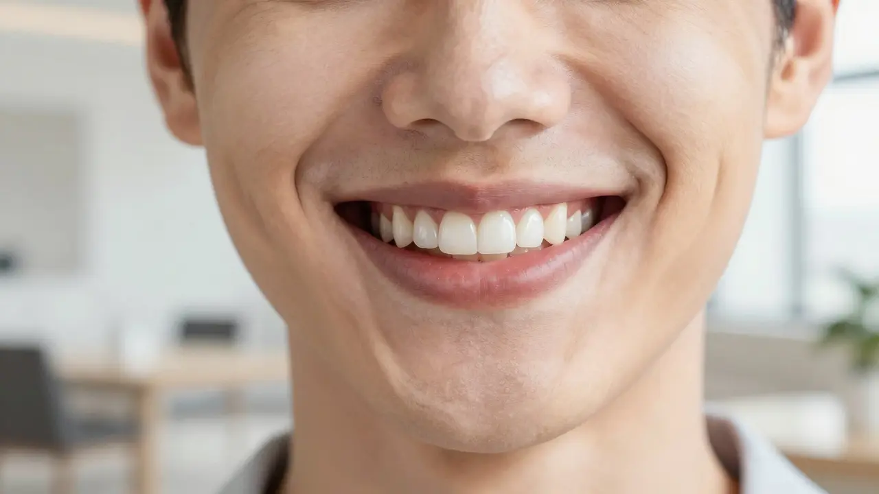 Úsměv člověka s esteticky obnovenými zuby pomocí moderní keramiky.