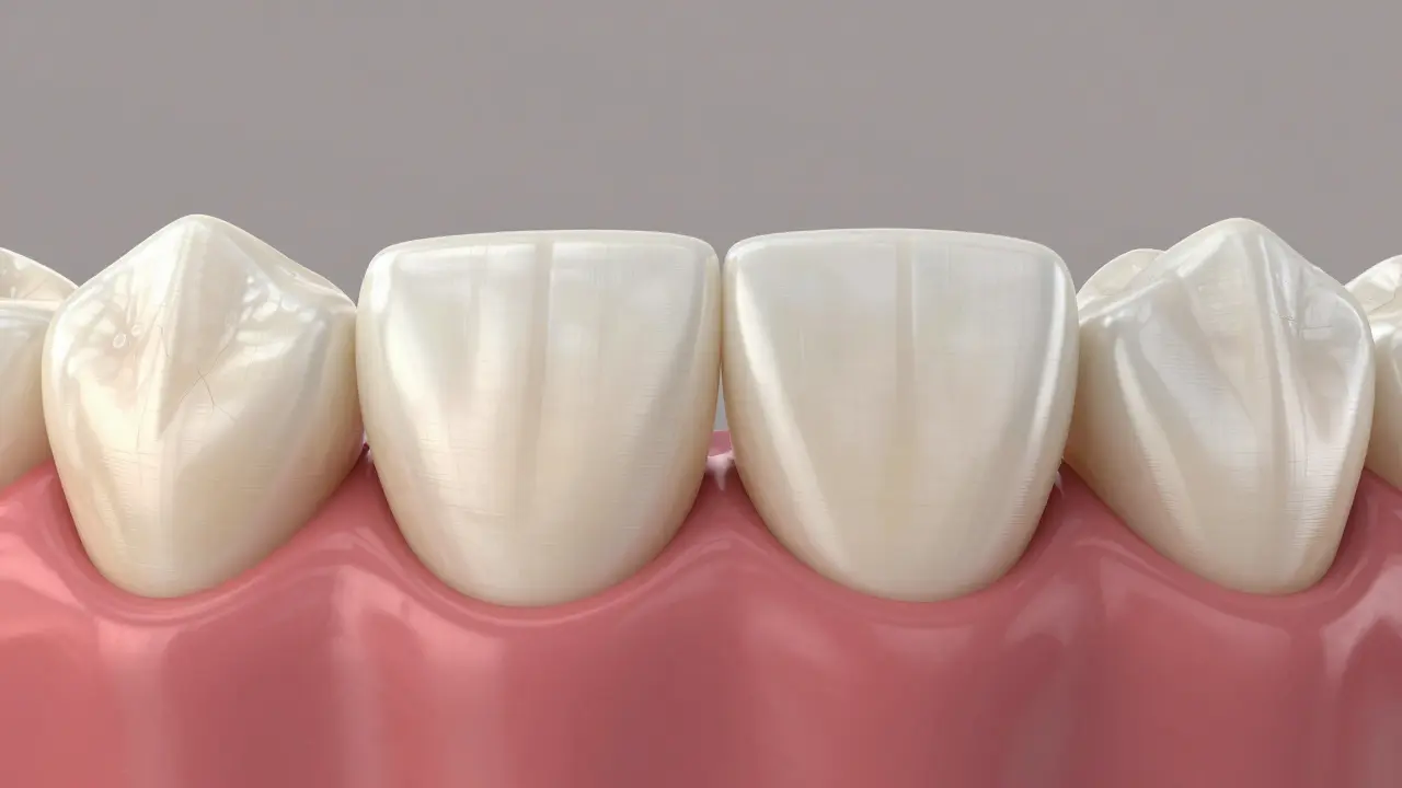 Detail předního zuba s trhlinami a recesí dásní