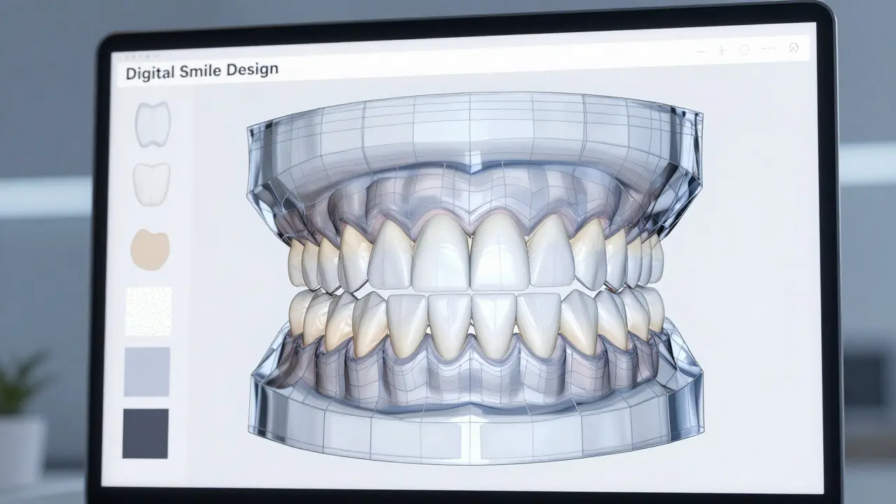 Digitální plánování úsměvu s 3D modelem zubů a barevnými možnostmi
