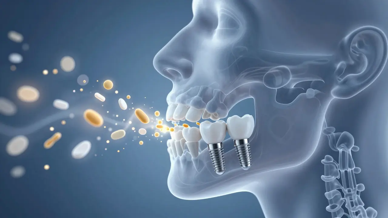 Ilustrace zdravého žvýkání a vstřebávání živin s implantáty