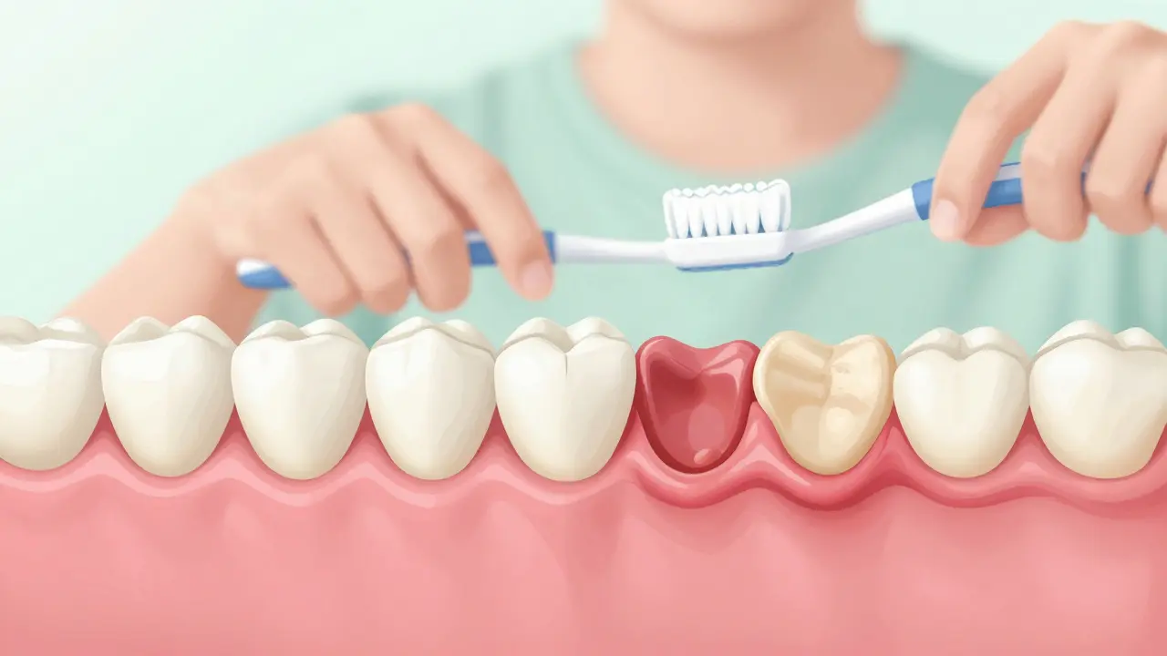 Ilustrace zdravých a zanícených dásní s ukázkou správné hygieny
