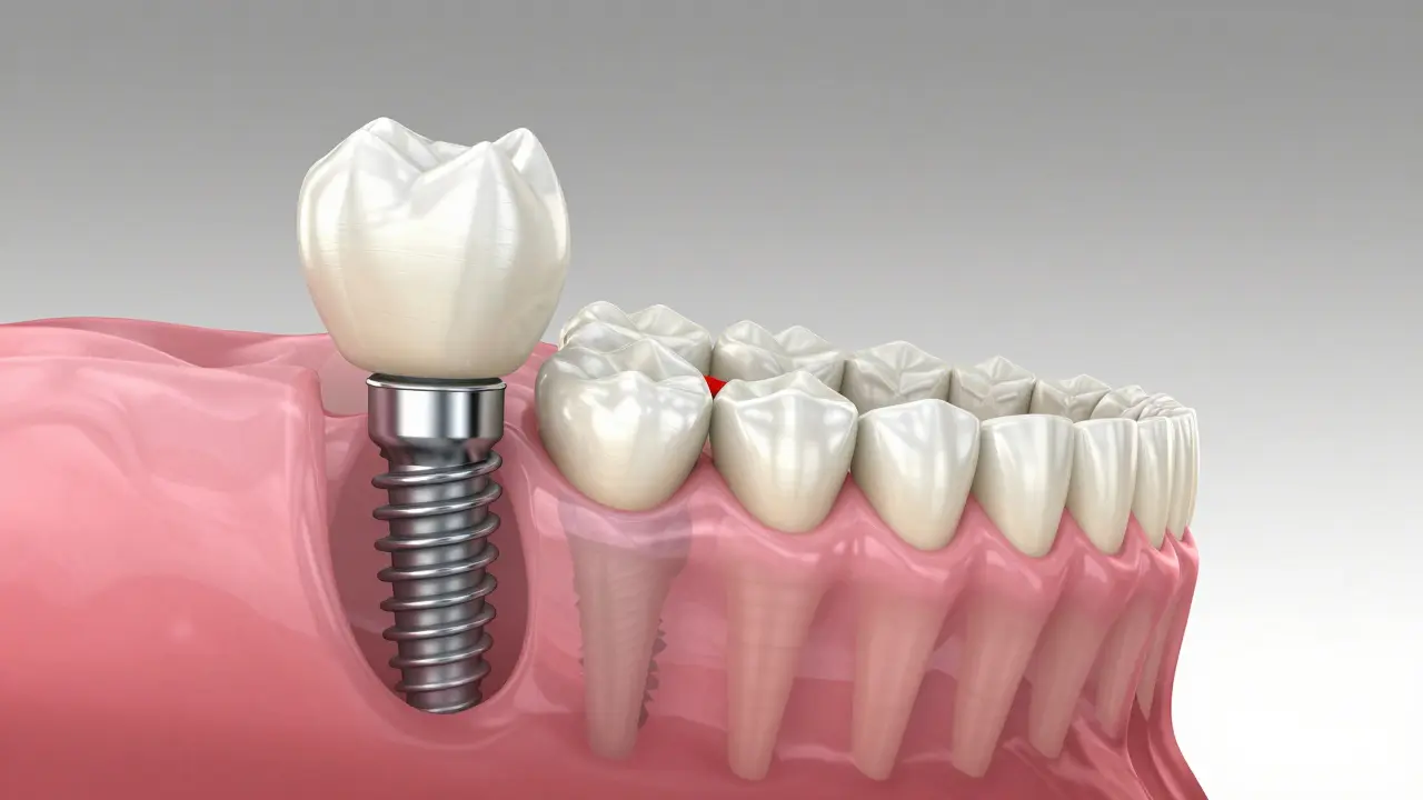 Ilustrace zubního implantátu integrovaného do kosti ve srovnání s můstkem.