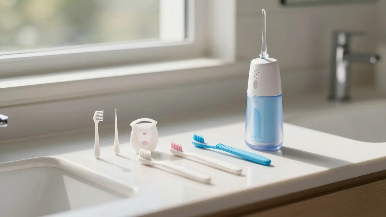 Nástroje na mezizubní hygienu jako nit a kartáčky