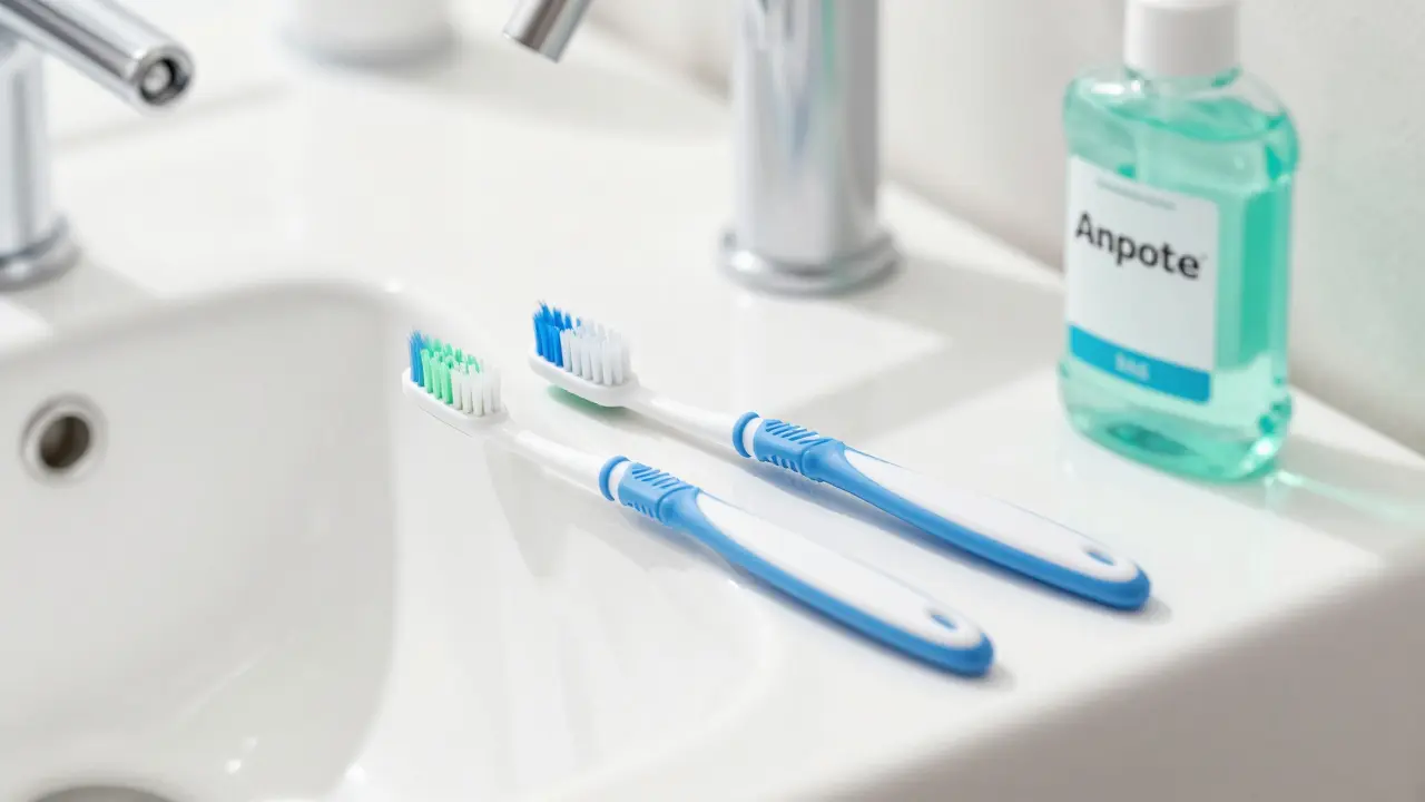 Nástroje pro ústní hygienu: mezizubní kartáček a pasta na čistém pultu
