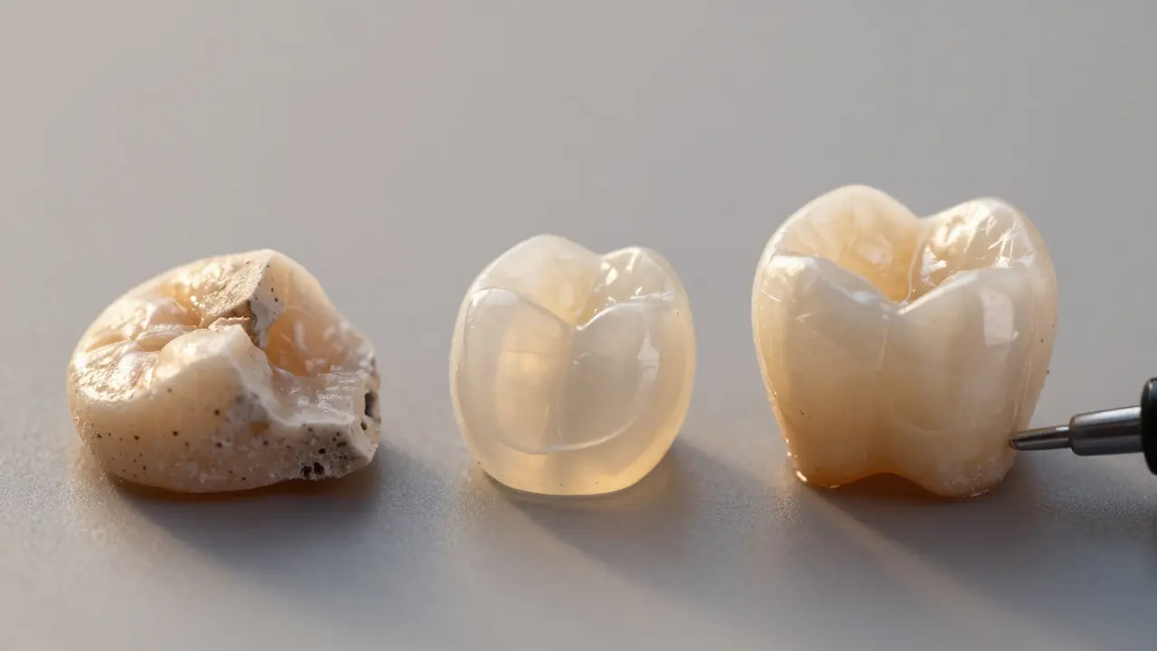 Porovnání materiálů pro výplň a keramickou korunku na neutrálním pozadí