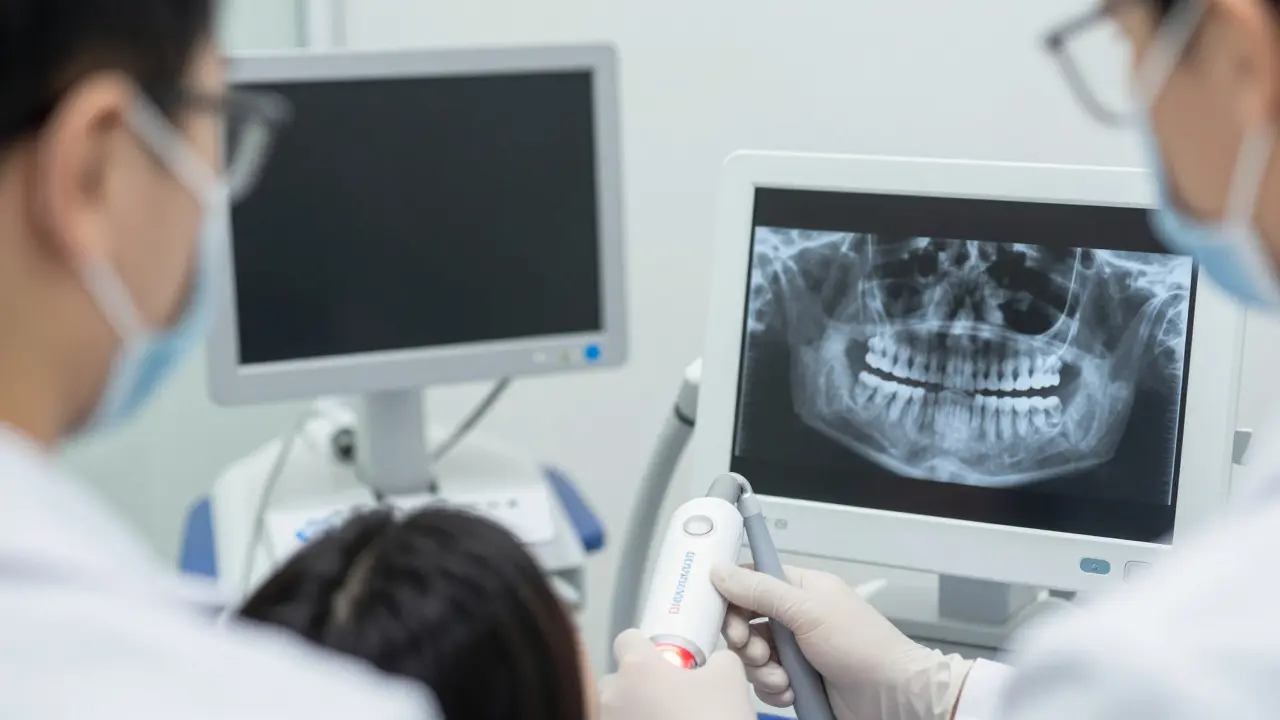 Zubní lékař používá laser k detekci kazu na rentgenu