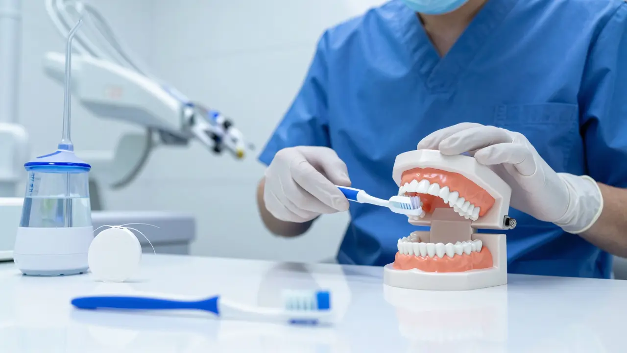 Zubní lékař ukazuje správnou techniku čištění zubů na modelu