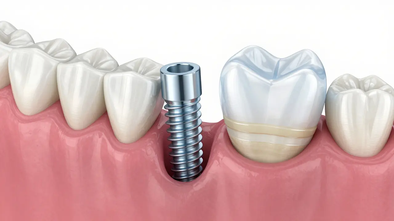 Anatomický pohled na zubní implantát a keramickou korunku