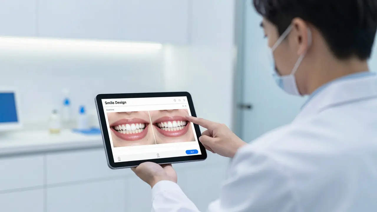 Dentista ukazuje simulaci úsměvu na digitálním displeji